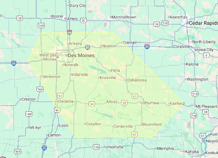 Pest Control Techs LLC service area covering Central and Southeast Iowa from Des Moines down to Centerville and Ottumwa