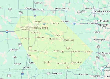 Pest Control Techs LLC pest control service area map covering Central and Southeast Iowa — Des Moines, Ankeny, West Des Moines, Indianola, Knoxville, Pella, Oskaloosa, Ottumwa, Albia, Chariton, Osceola and Centerville